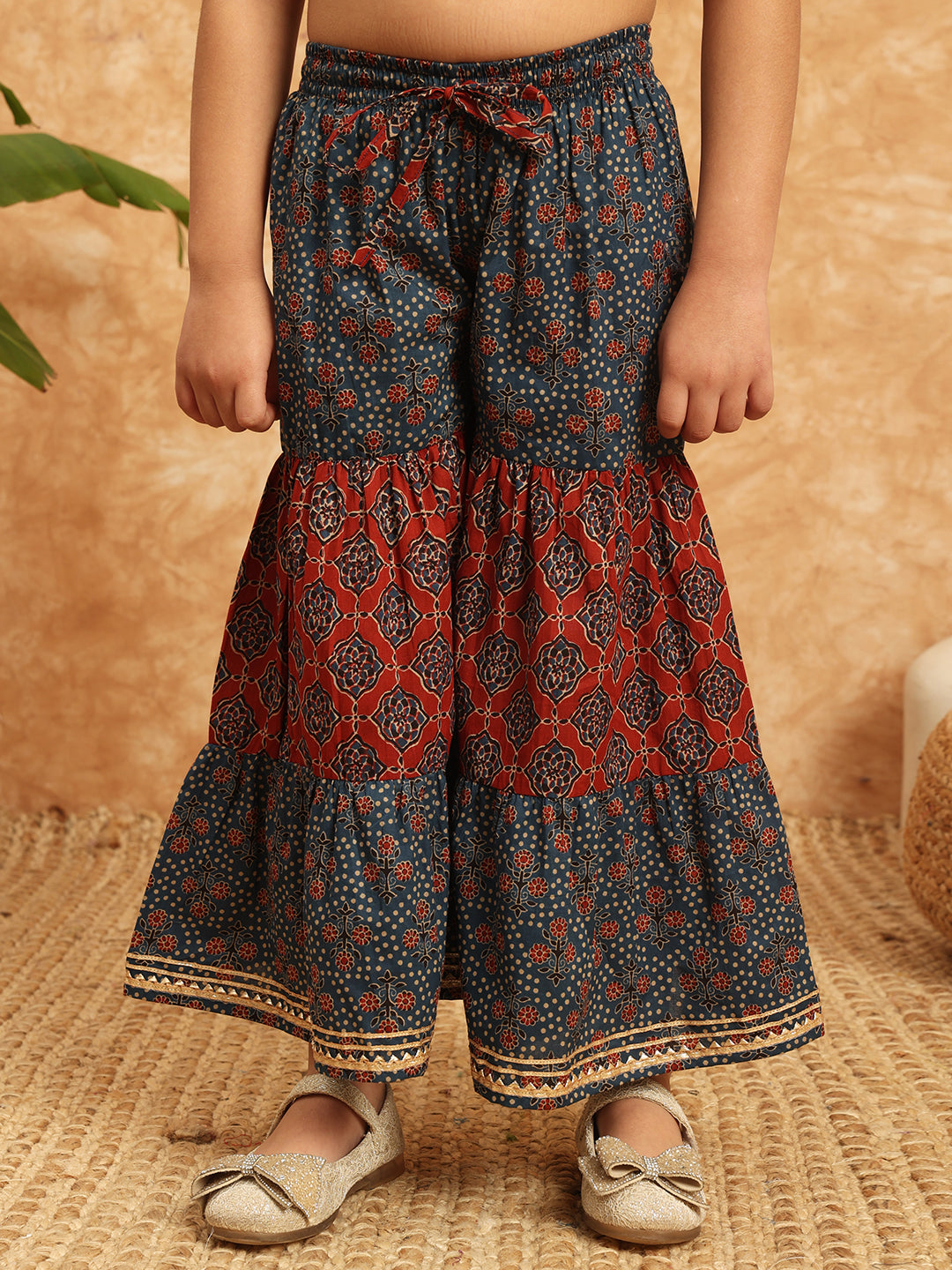 Frock Style Cotton Fabric Blue Color Printed Kurti And Sharara With Gotta Lace Work