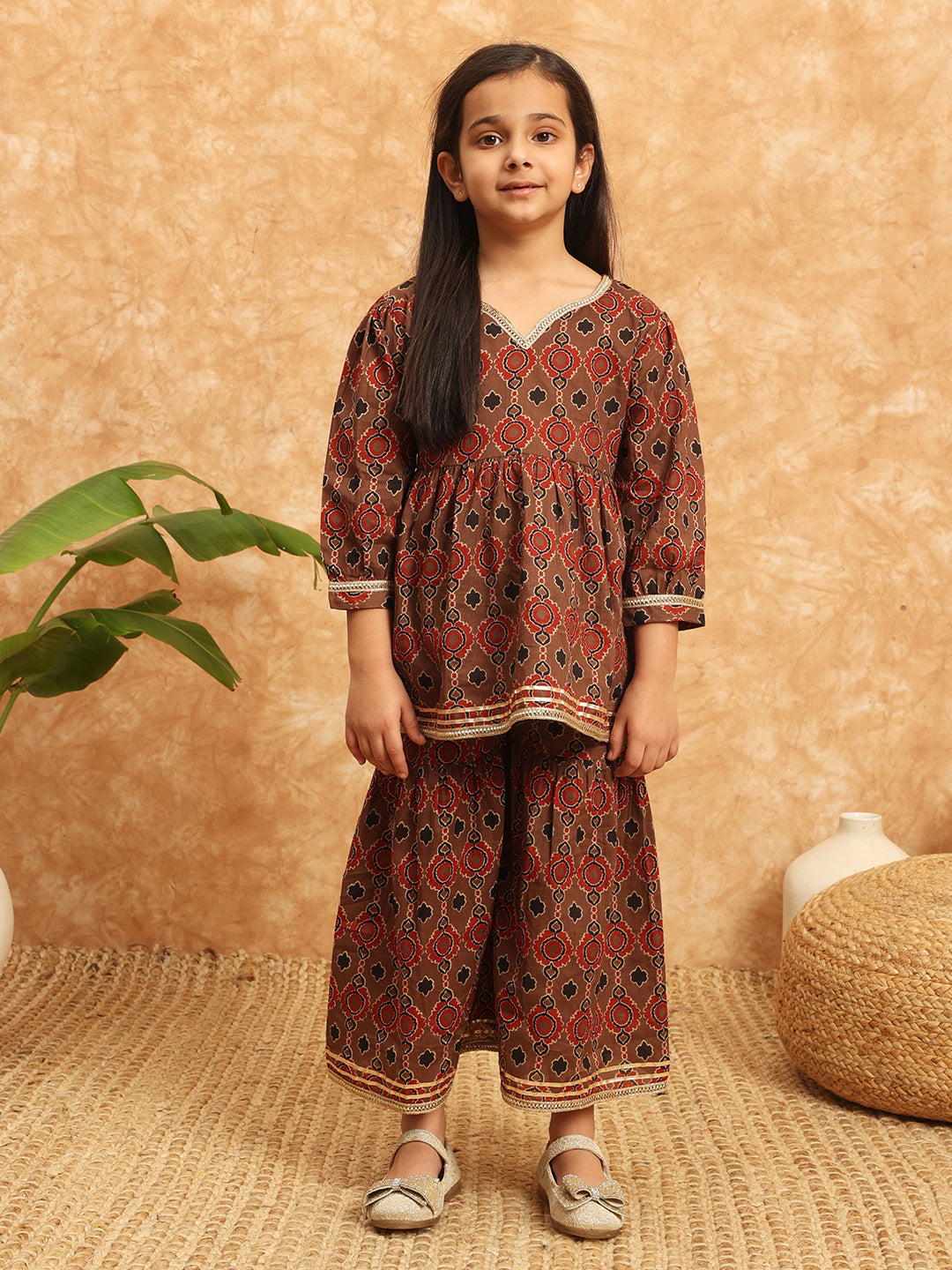 Frock Style Cotton Fabric Brown Color Printed Kurti And Sharara With Gotta Lace Work