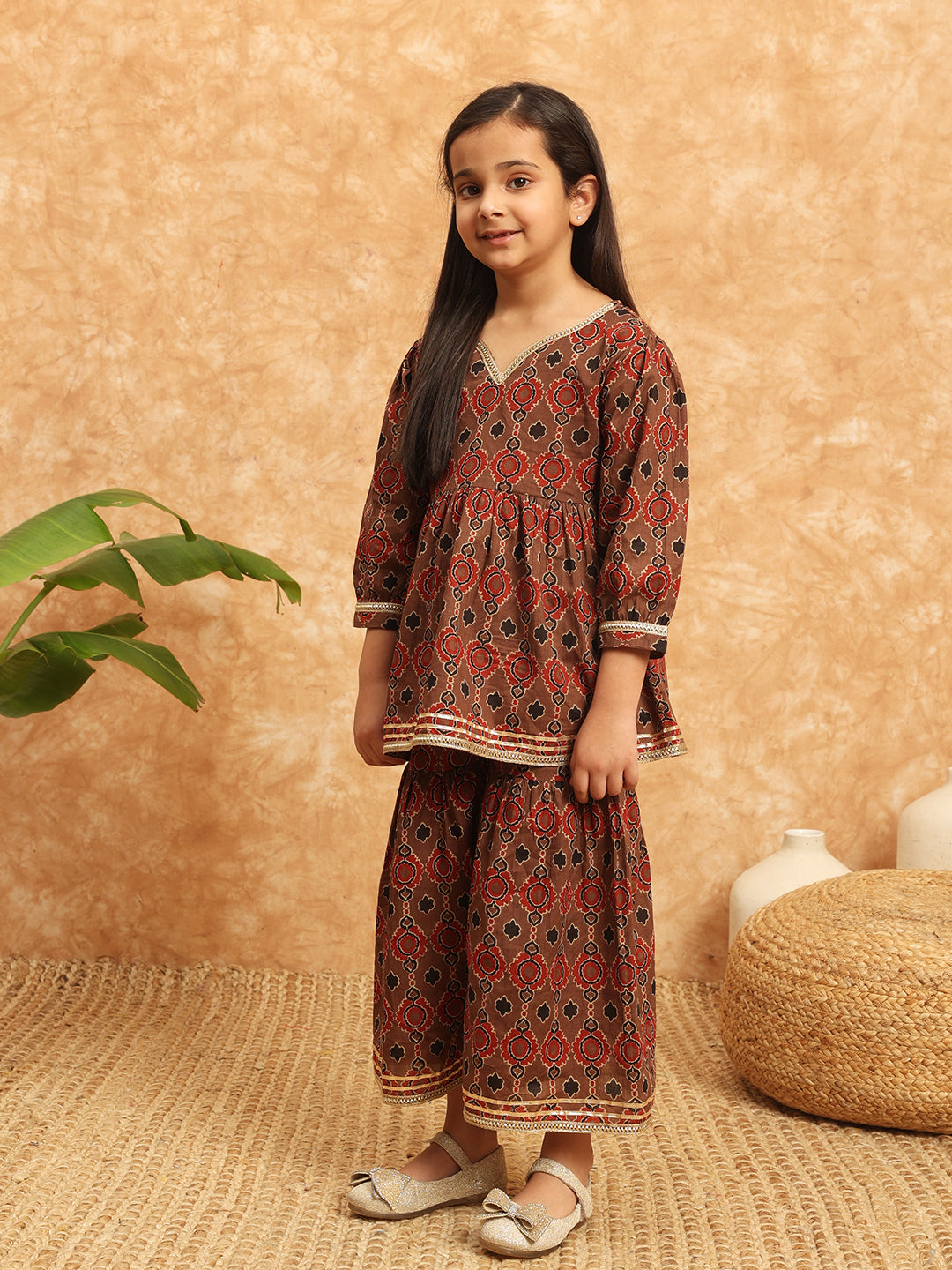 Frock Style Cotton Fabric Brown Color Printed Kurti And Sharara With Gotta Lace Work