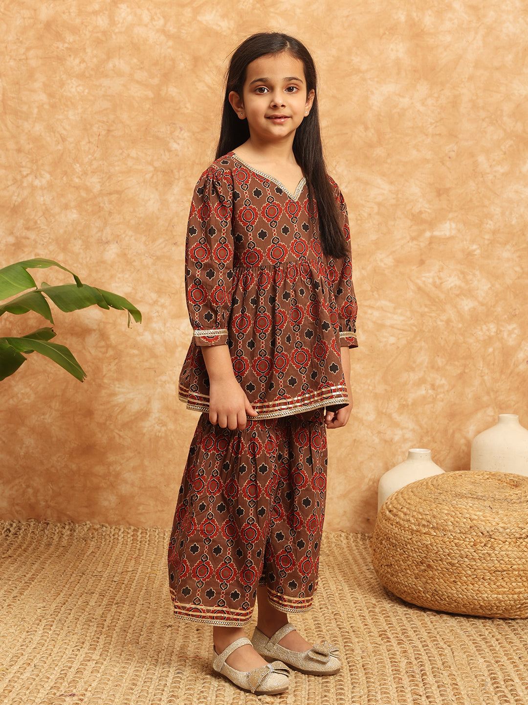Frock Style Cotton Fabric Brown Color Printed Kurti And Sharara With Gotta Lace Work
