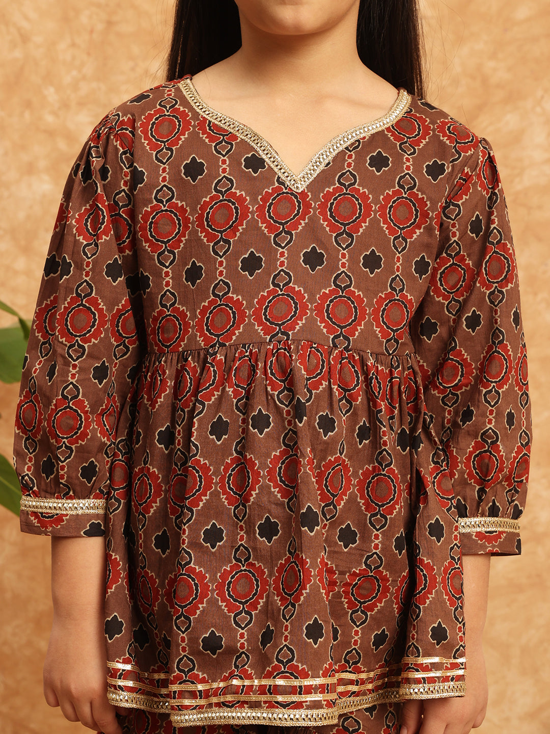 Frock Style Cotton Fabric Brown Color Printed Kurti And Sharara With Gotta Lace Work
