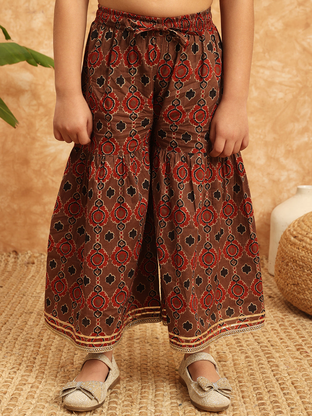 Frock Style Cotton Fabric Brown Color Printed Kurti And Sharara With Gotta Lace Work