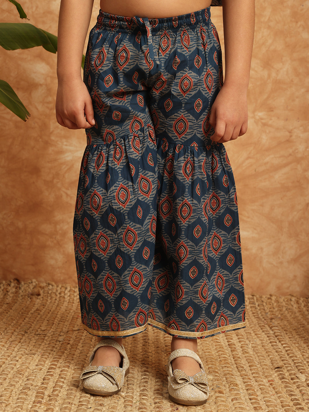 Frock Style Cotton Fabric Blue Color Printed Kurti And Sharara With Gotta Lace Work