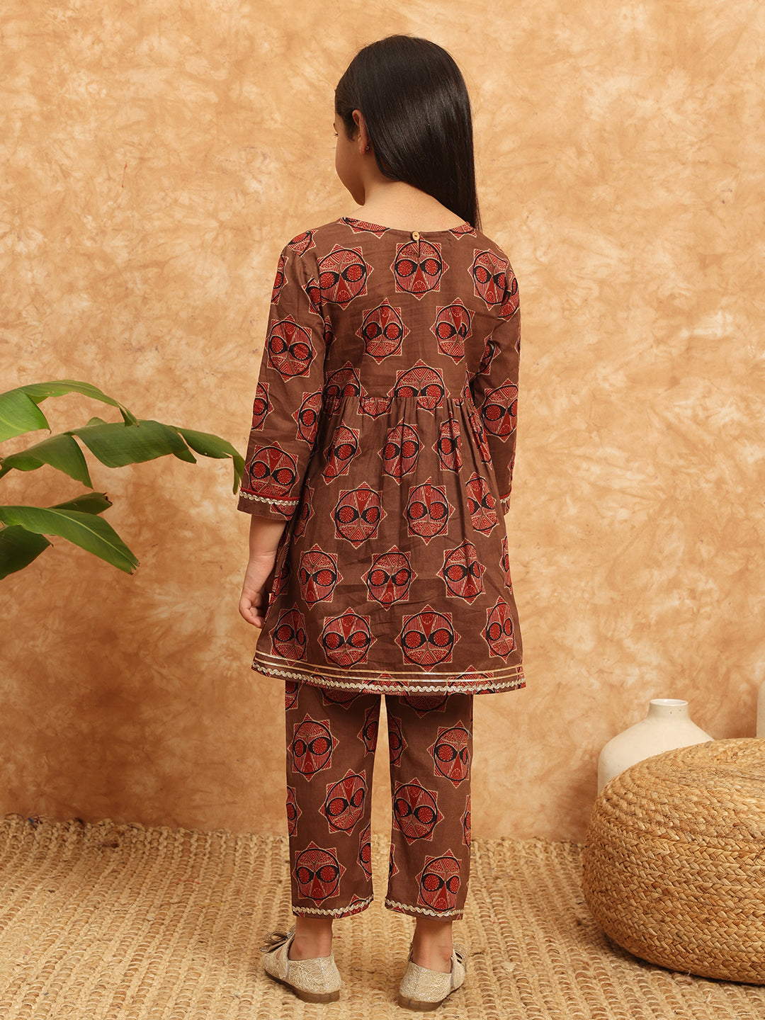 Frock Style Cotton Fabric Brown Color Printed Kurti And Palazzo With Gotta Lace Work