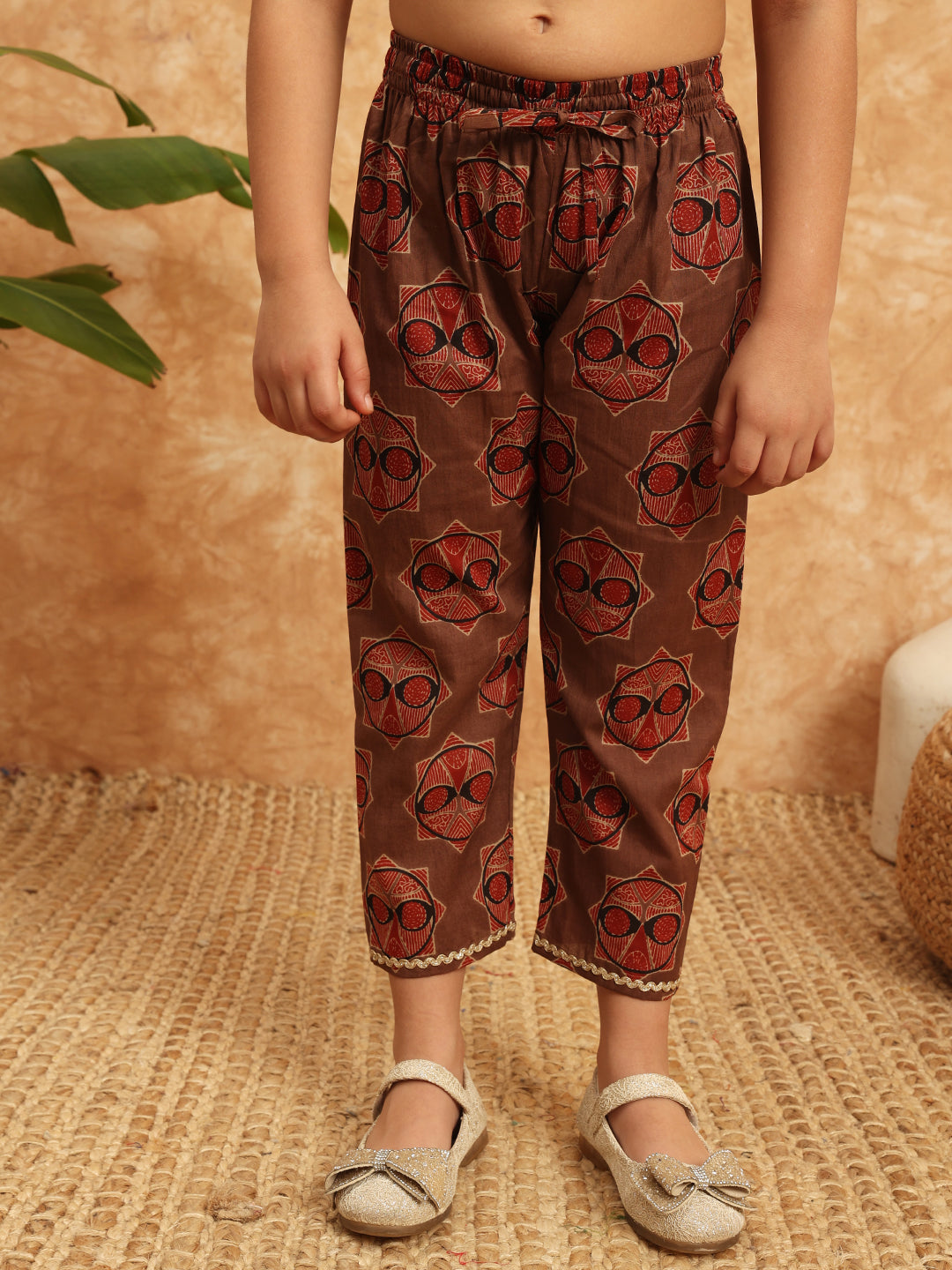 Frock Style Cotton Fabric Brown Color Printed Kurti And Palazzo With Gotta Lace Work