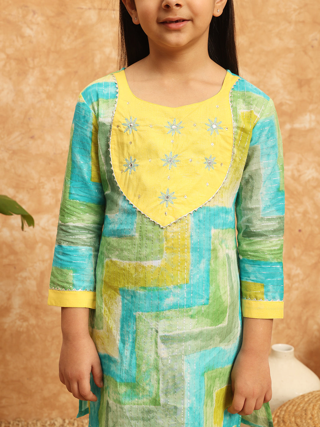 Straight Style Cotton Fabric Green Color Printed Kurti And Palazzo With Gotta Work