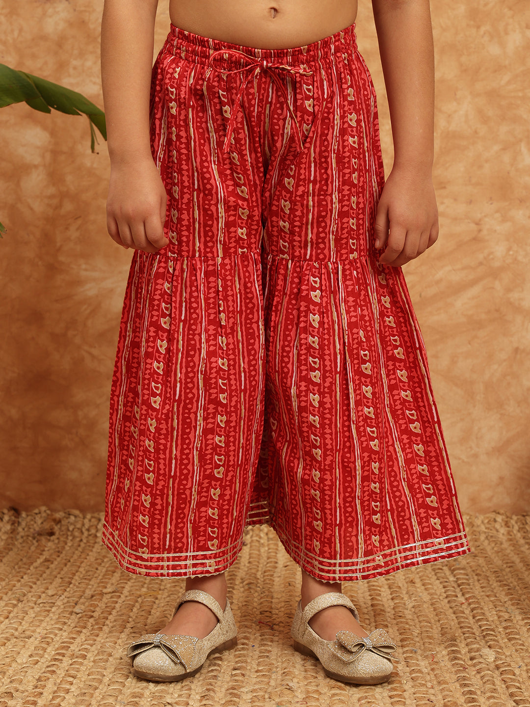 Frock Style Cotton Fabric Burgundy Color Printed Kurti And Sharara With Gotta Lace Work