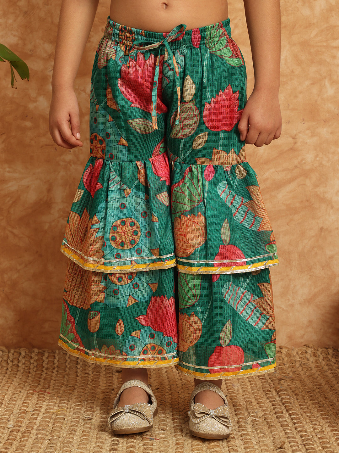 Frock Style Kota Doria Fabric Green Color Printed Kurti And Sharara With Gotta Lace Work