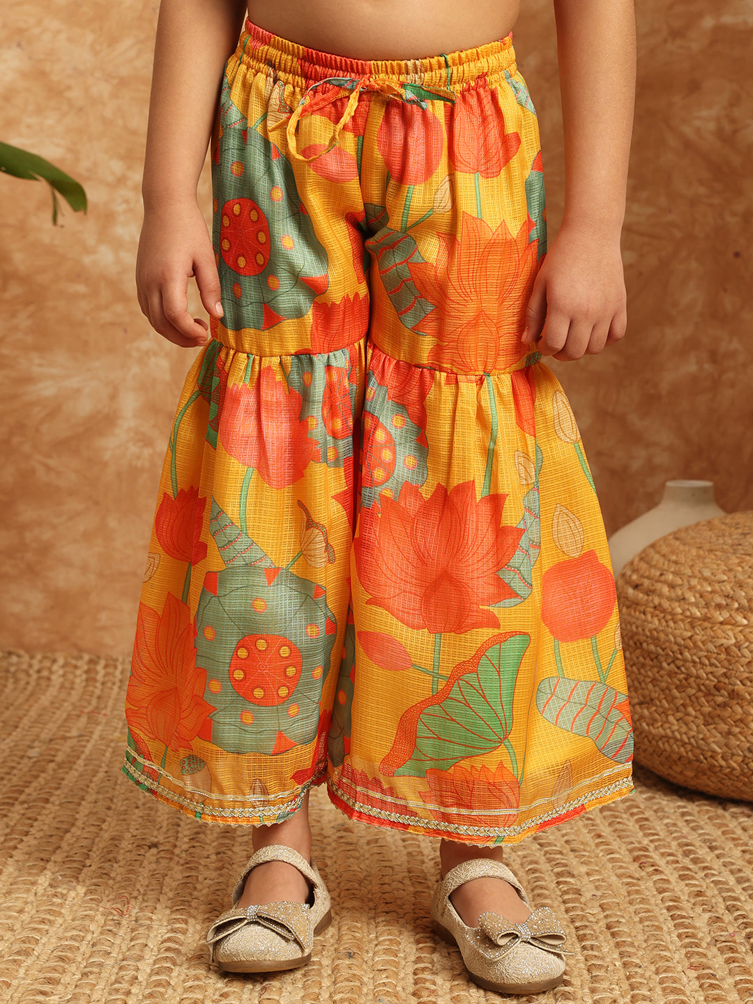 Frock Style Kota Doria Fabric Yellow Color Printed Kurti And Sharara With Gotta Lace Work