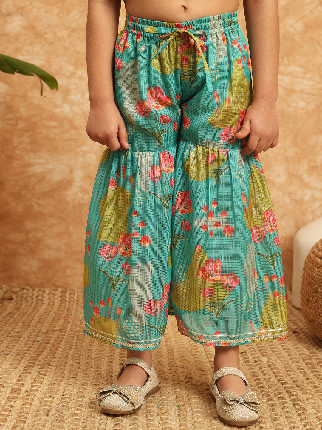 Frock Style Kota Doria Fabric Sea Green Color Printed Kurti And Sharara With Beads And Gotta Lace Work