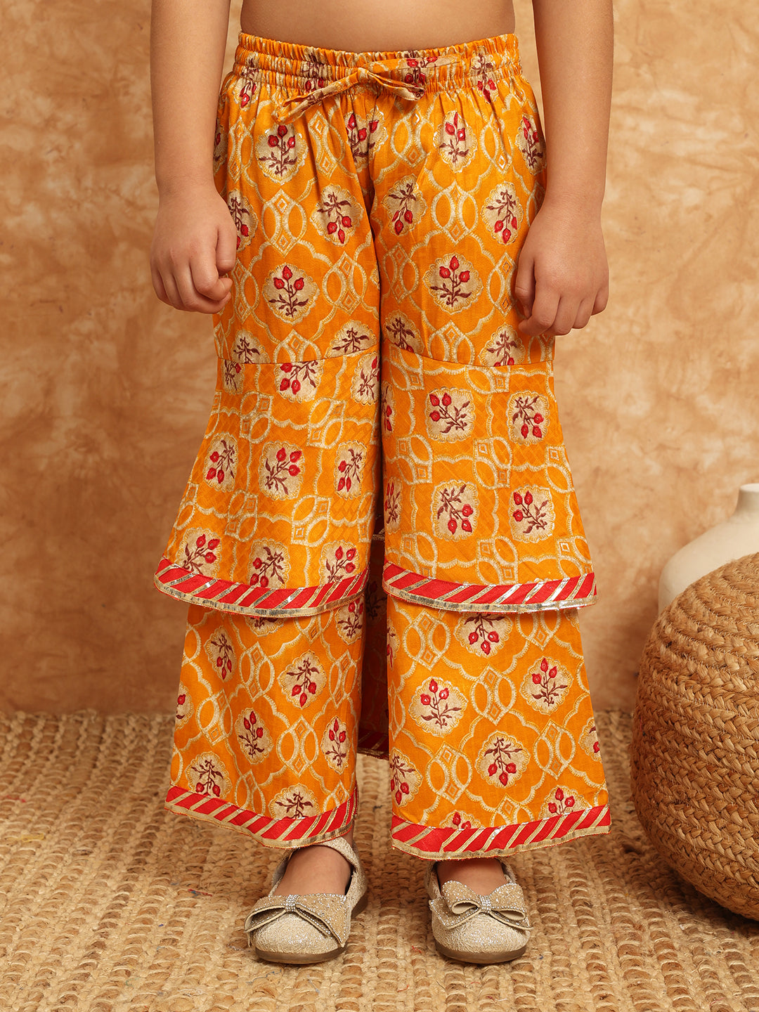 Frock Style Cotton Fabric Mustard Color Printed Kurti And Sharara With Gotta Lace Work