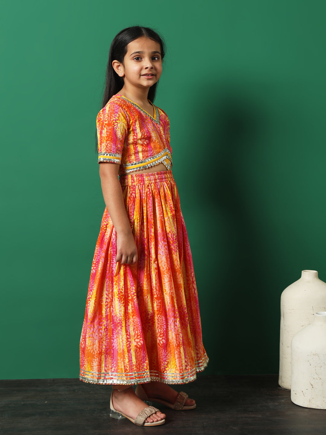Straight Style Cotton Fabric Yellow Color Printed Lehenga Choli With Dupatta In Gotta Lace Work