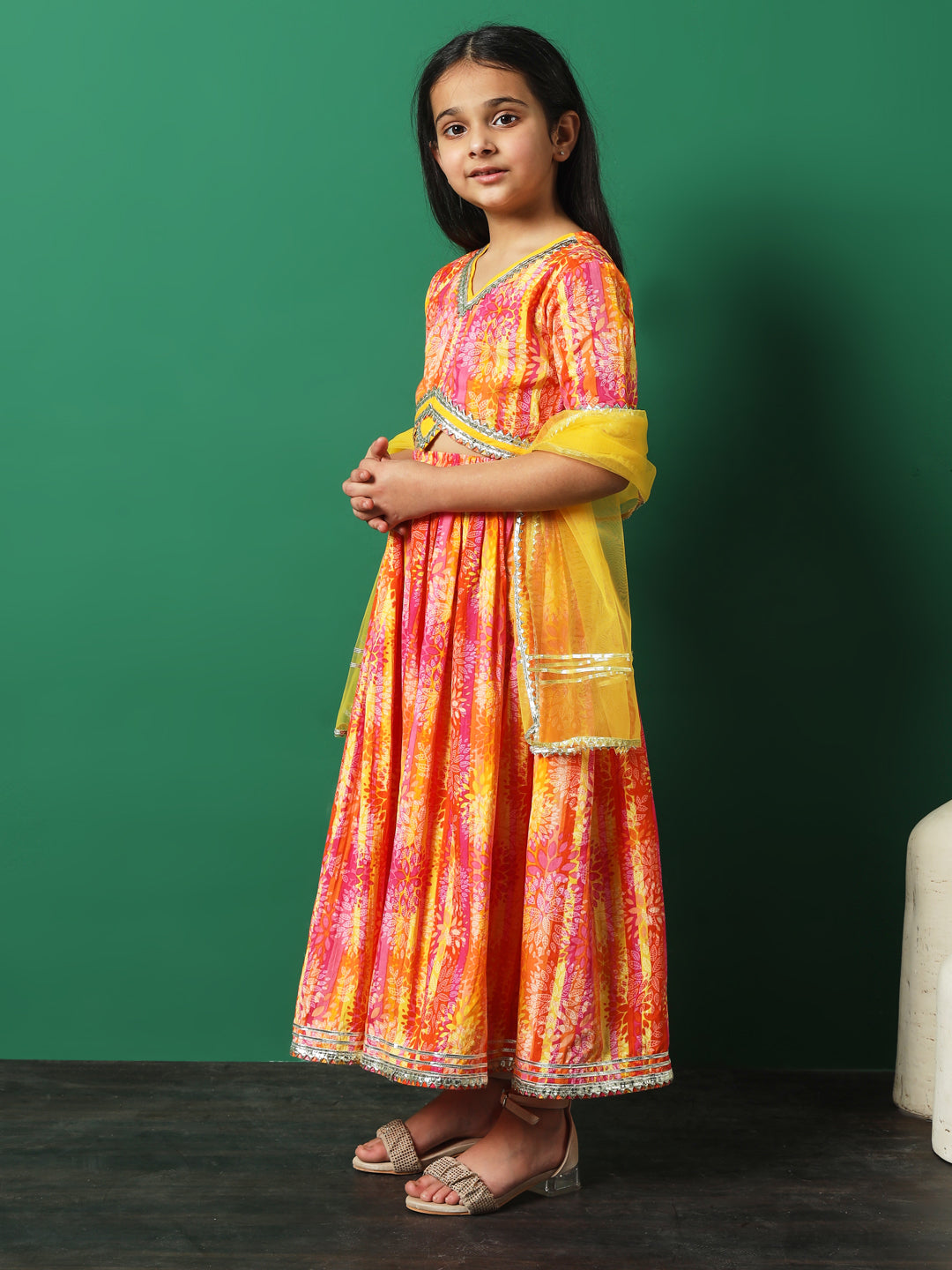 Straight Style Cotton Fabric Yellow Color Printed Lehenga Choli With Dupatta In Gotta Lace Work