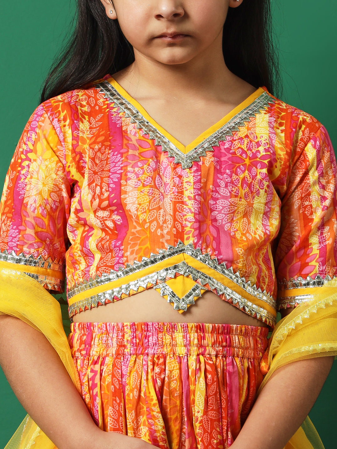 Straight Style Cotton Fabric Yellow Color Printed Lehenga Choli With Dupatta In Gotta Lace Work