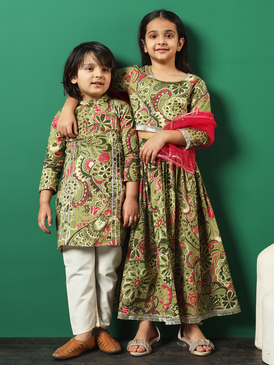 Straight Style Cotton Fabric Green Color Printed Lehenga Choli With Dupatta In Gotta Lace Work