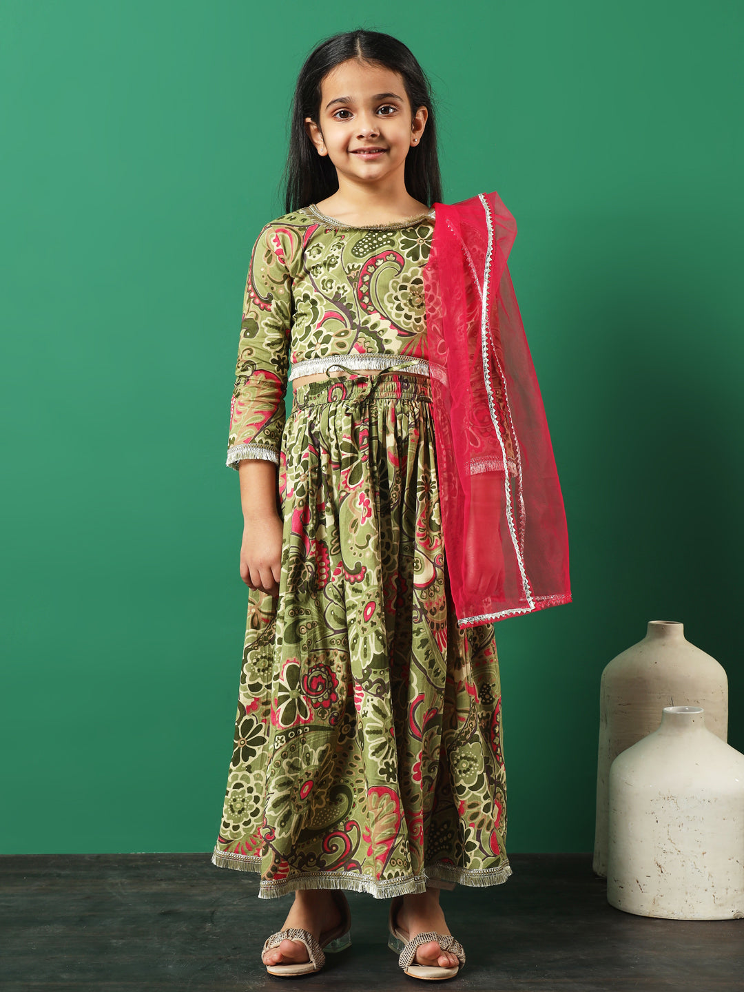 Straight Style Cotton Fabric Green Color Printed Lehenga Choli With Dupatta In Gotta Lace Work