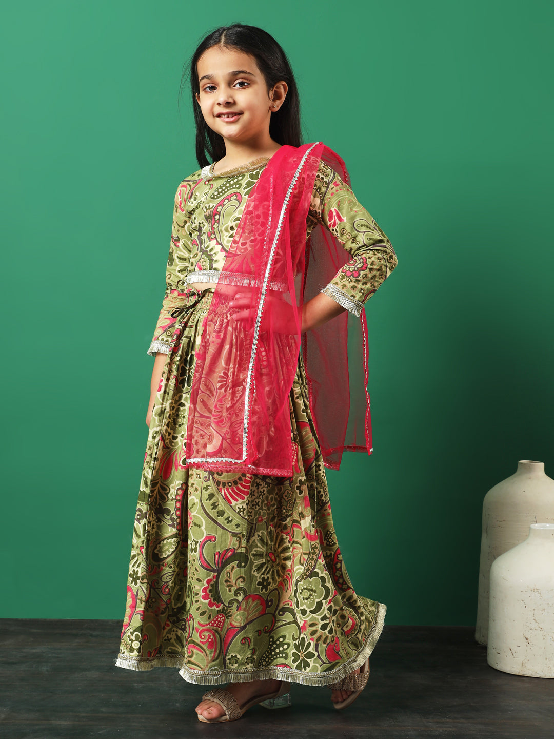 Straight Style Cotton Fabric Green Color Printed Lehenga Choli With Dupatta In Gotta Lace Work