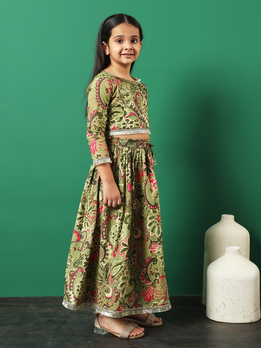 Straight Style Cotton Fabric Green Color Printed Lehenga Choli With Dupatta In Gotta Lace Work