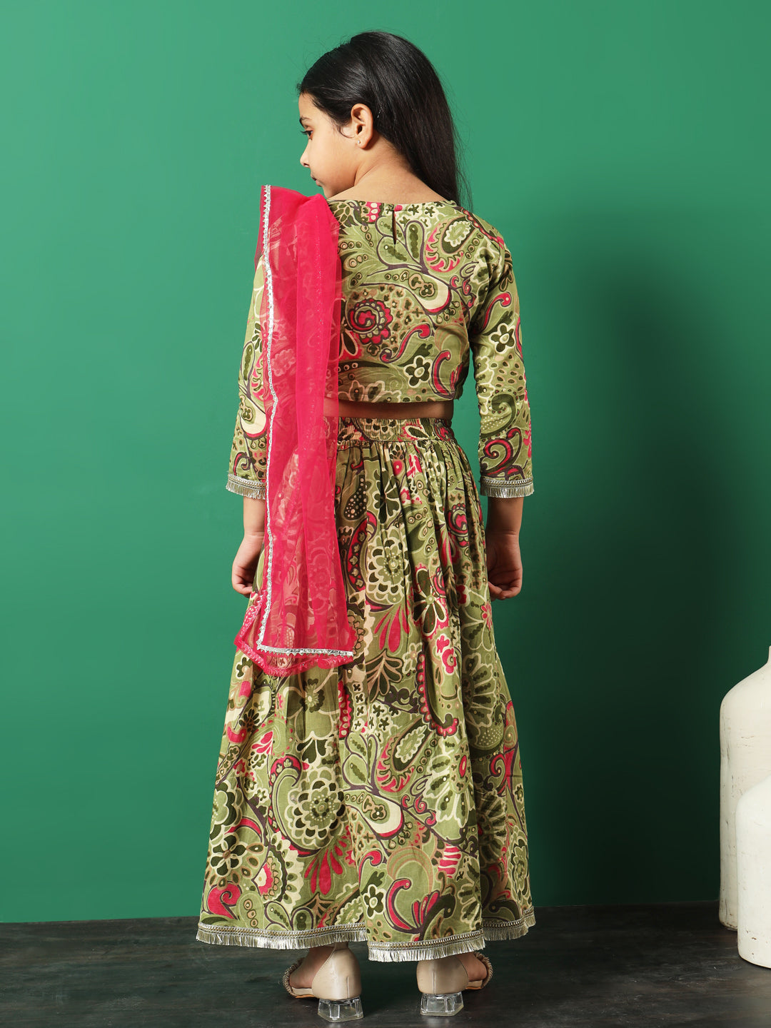 Straight Style Cotton Fabric Green Color Printed Lehenga Choli With Dupatta In Gotta Lace Work