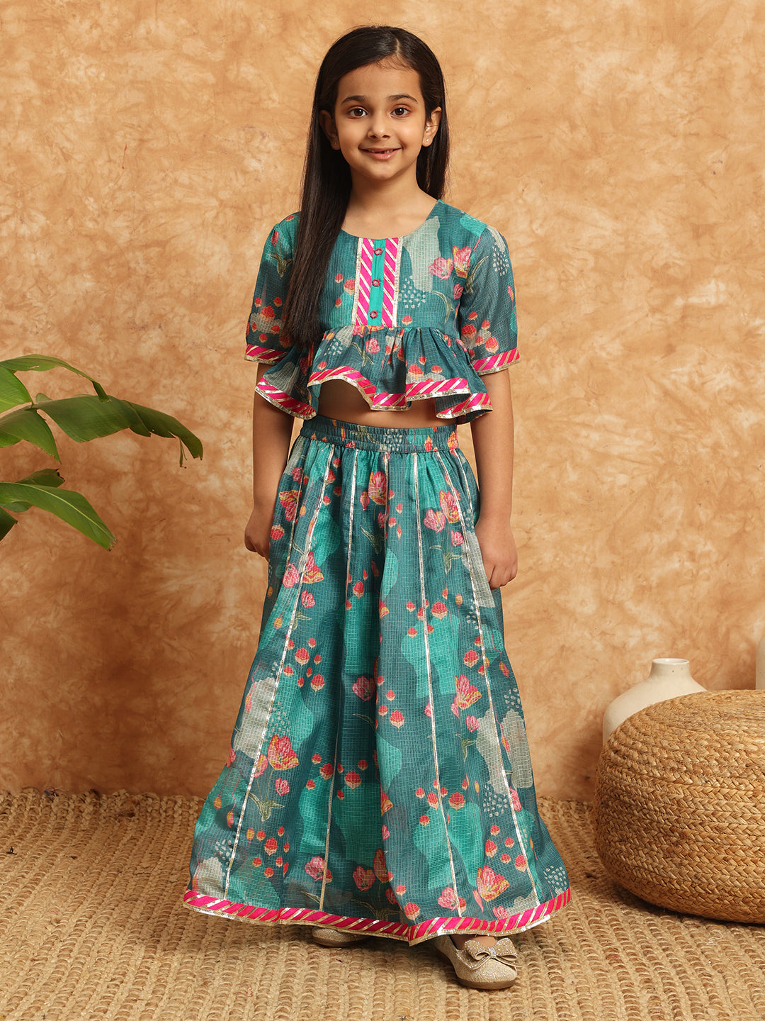 Peplum Style Kota Doria Fabric Teal Color Printed Lehenga Choli With Gotta Lace Work