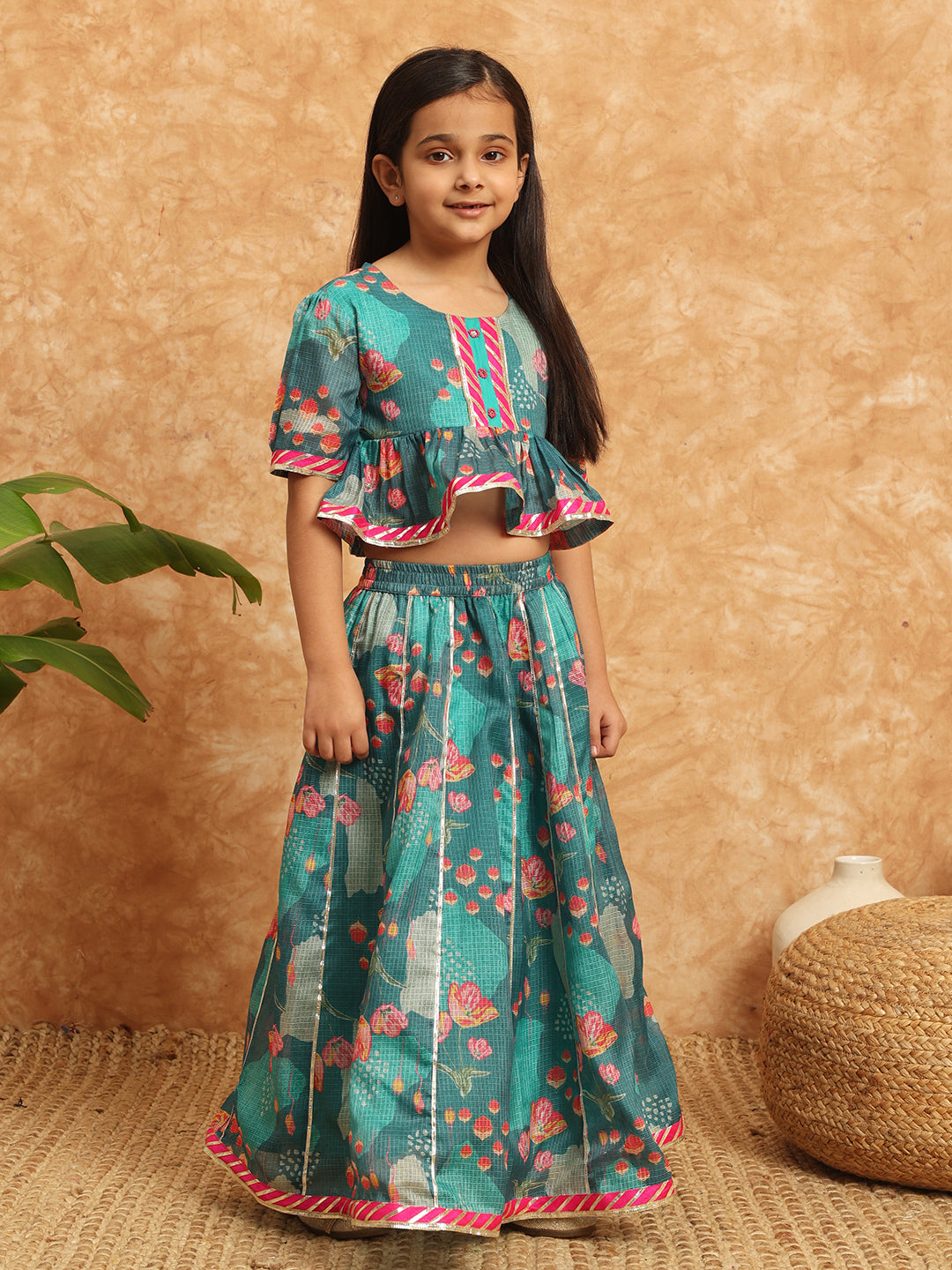 Peplum Style Kota Doria Fabric Teal Color Printed Lehenga Choli With Gotta Lace Work