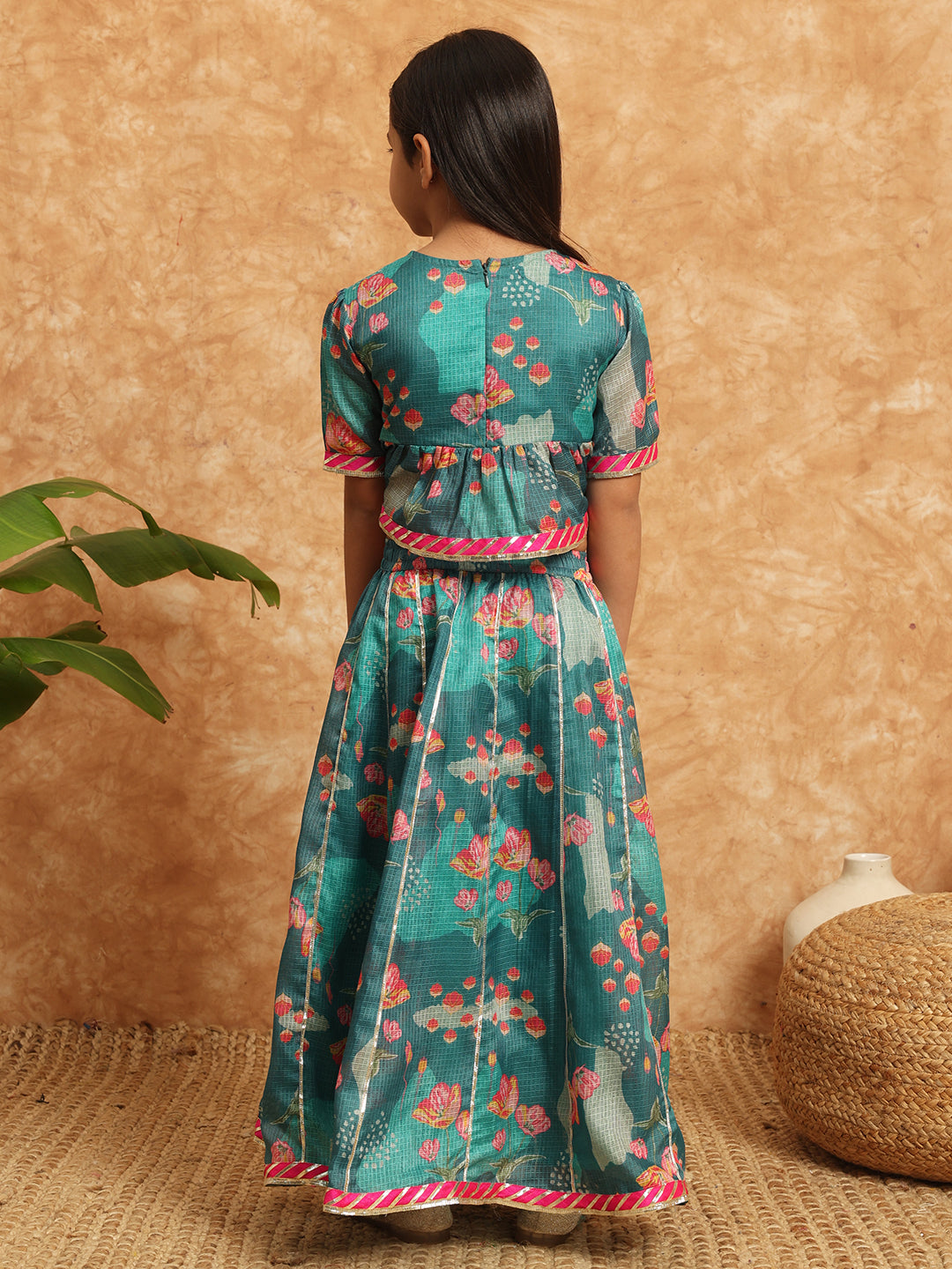 Peplum Style Kota Doria Fabric Teal Color Printed Lehenga Choli With Gotta Lace Work
