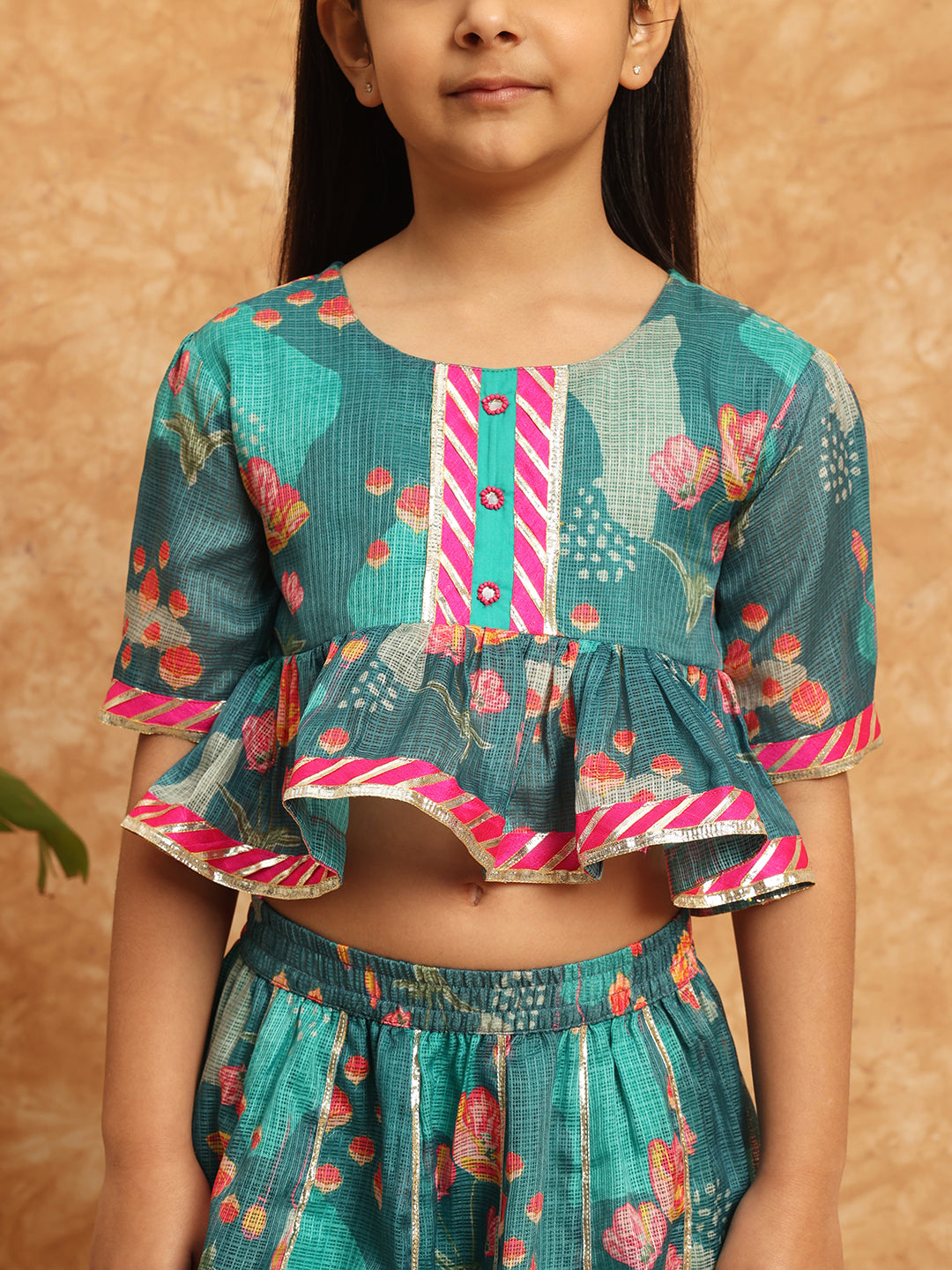 Peplum Style Kota Doria Fabric Teal Color Printed Lehenga Choli With Gotta Lace Work