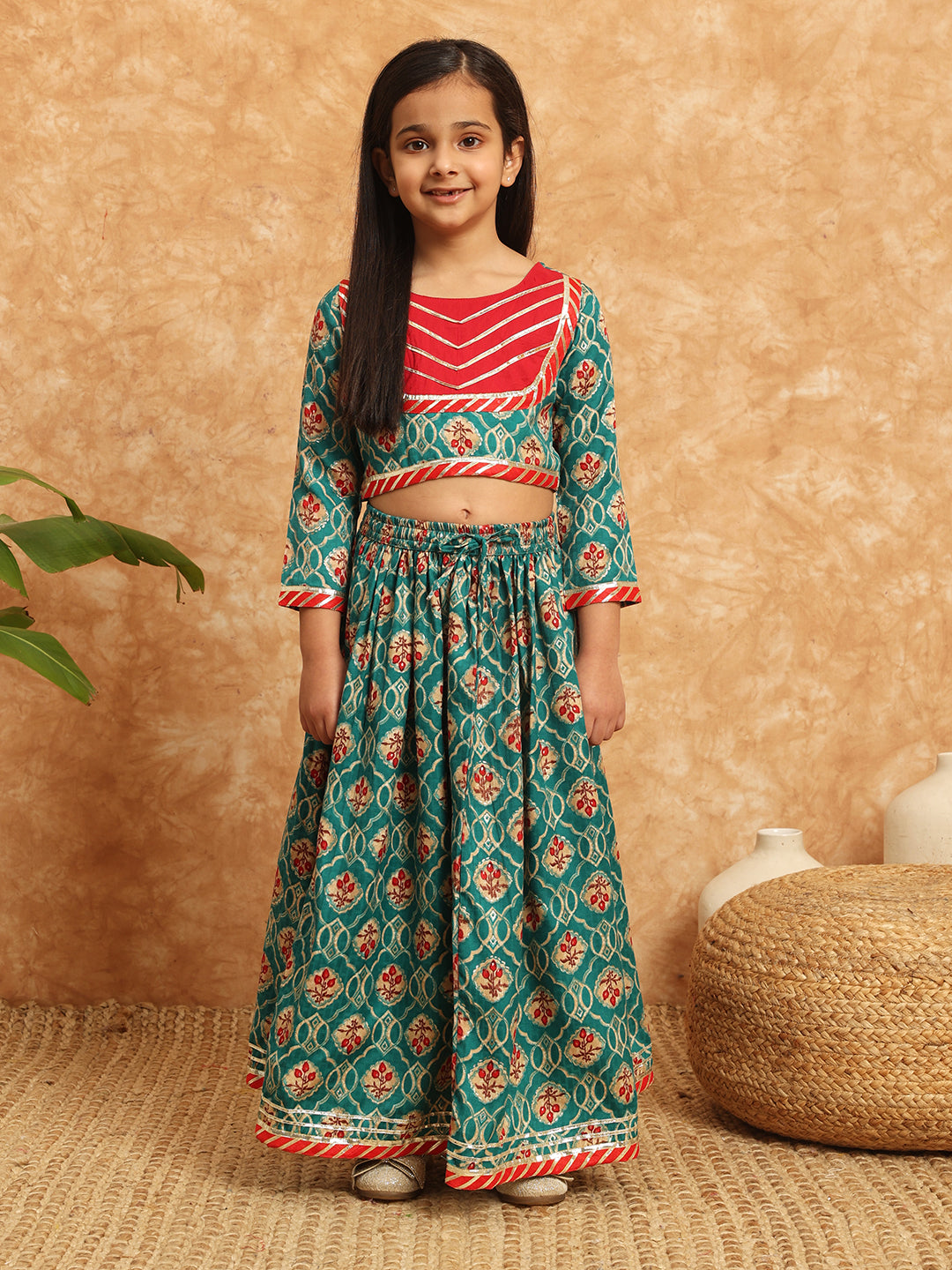 Straight Style Cotton Fabric Teal Color Printed Lehenga Choli With Gotta Lace Work