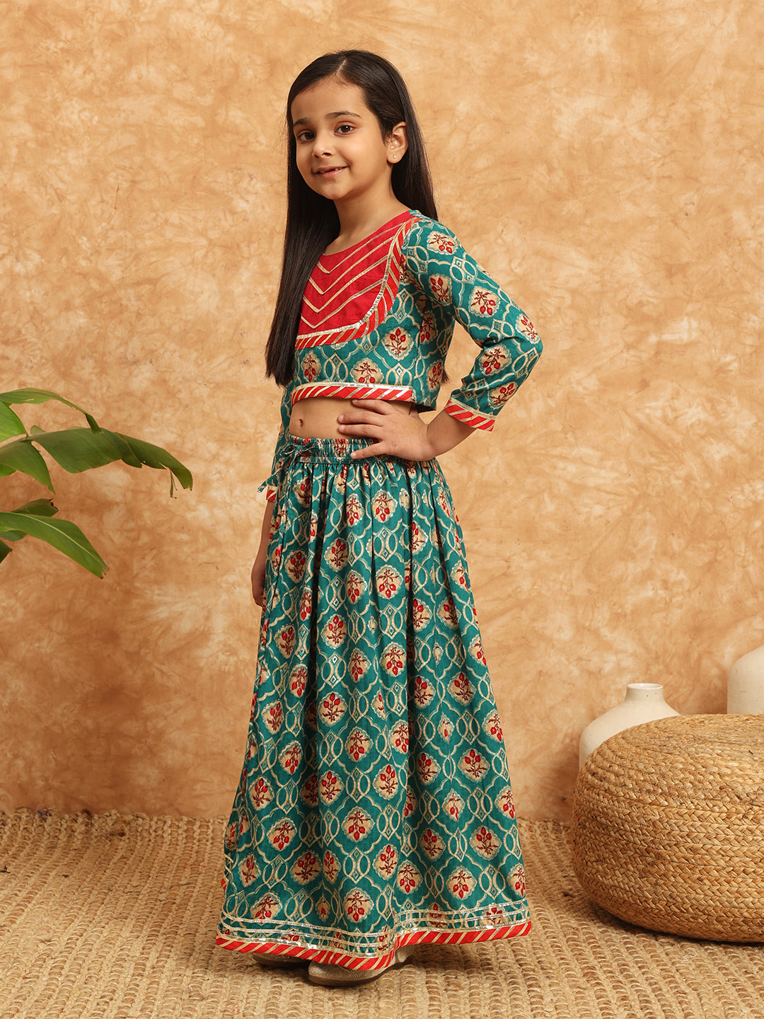 Straight Style Cotton Fabric Teal Color Printed Lehenga Choli With Gotta Lace Work