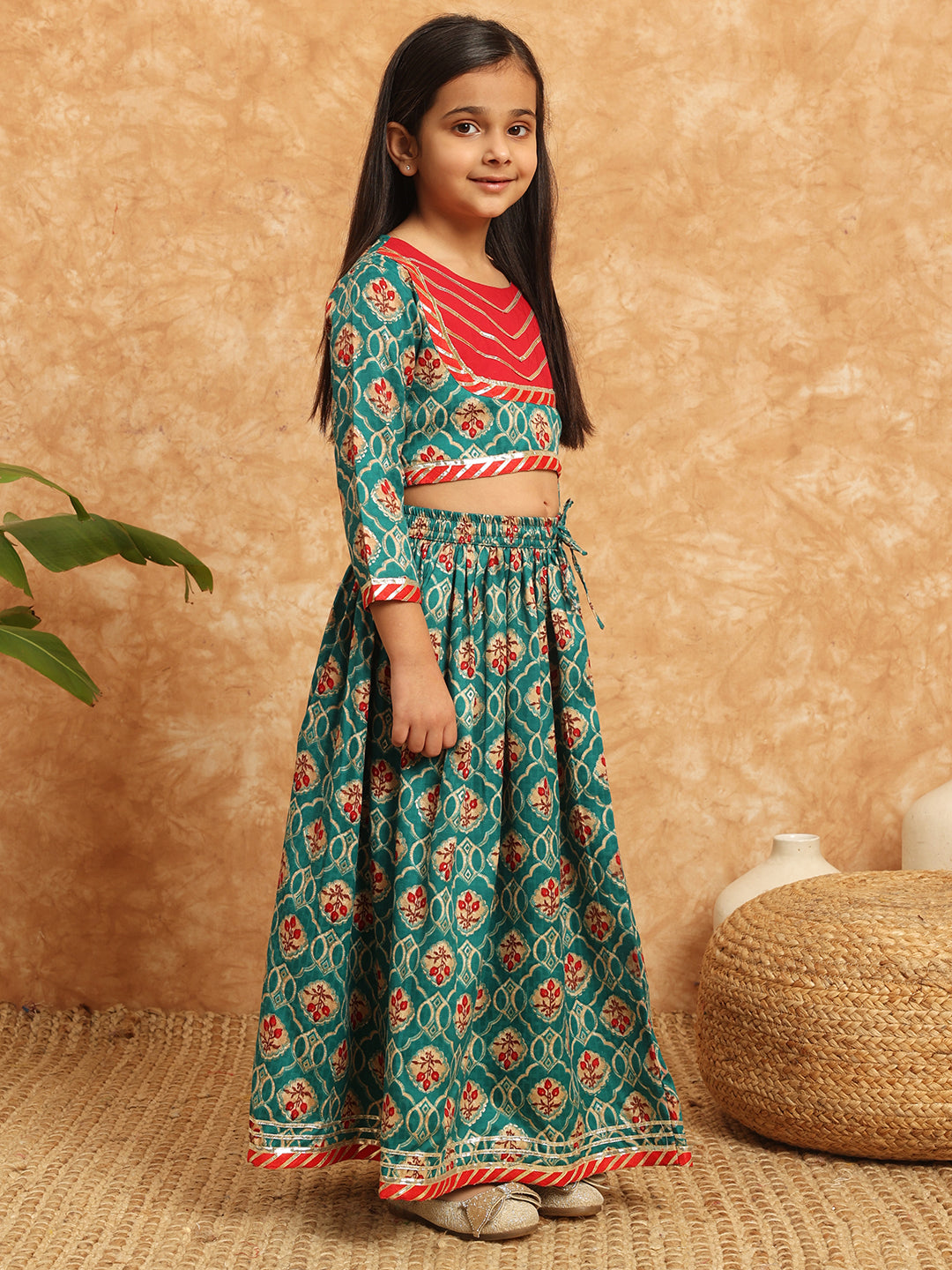 Straight Style Cotton Fabric Teal Color Printed Lehenga Choli With Gotta Lace Work