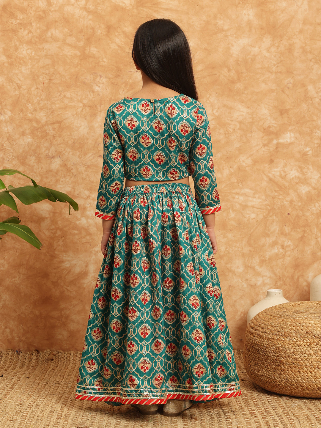 Straight Style Cotton Fabric Teal Color Printed Lehenga Choli With Gotta Lace Work