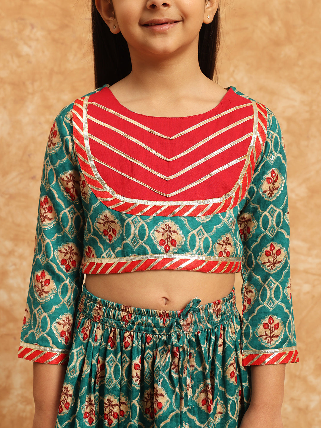Straight Style Cotton Fabric Teal Color Printed Lehenga Choli With Gotta Lace Work
