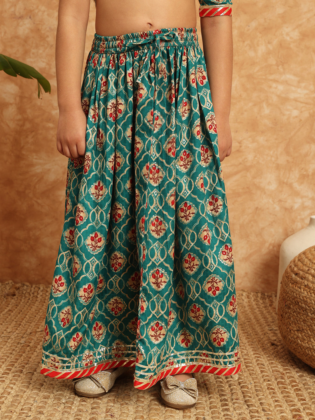 Straight Style Cotton Fabric Teal Color Printed Lehenga Choli With Gotta Lace Work
