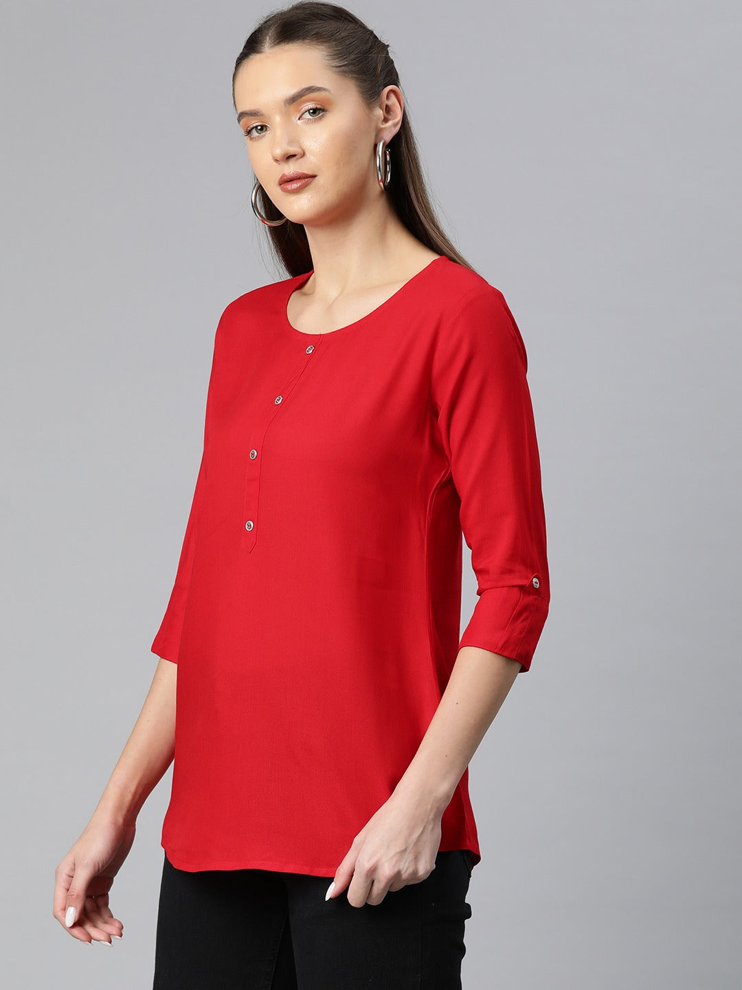 A-Line Style Rayon Fabric Red Color Top