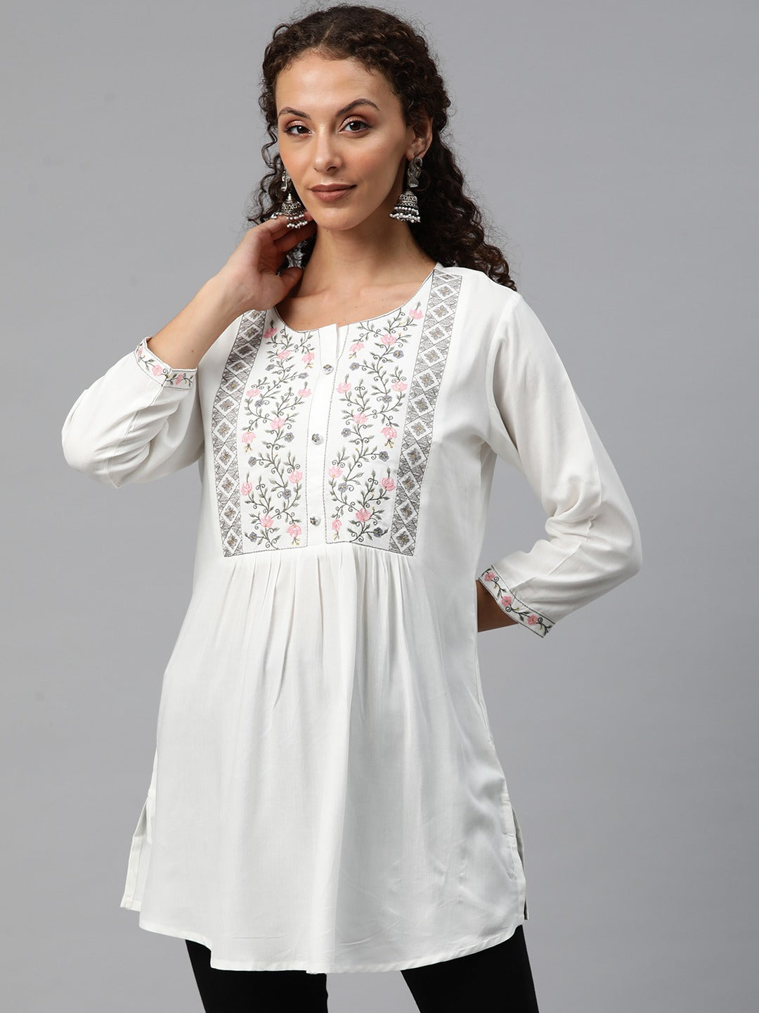 A-Line Style Rayon Fabric White Color Short Kurti With Thread & Zari Work