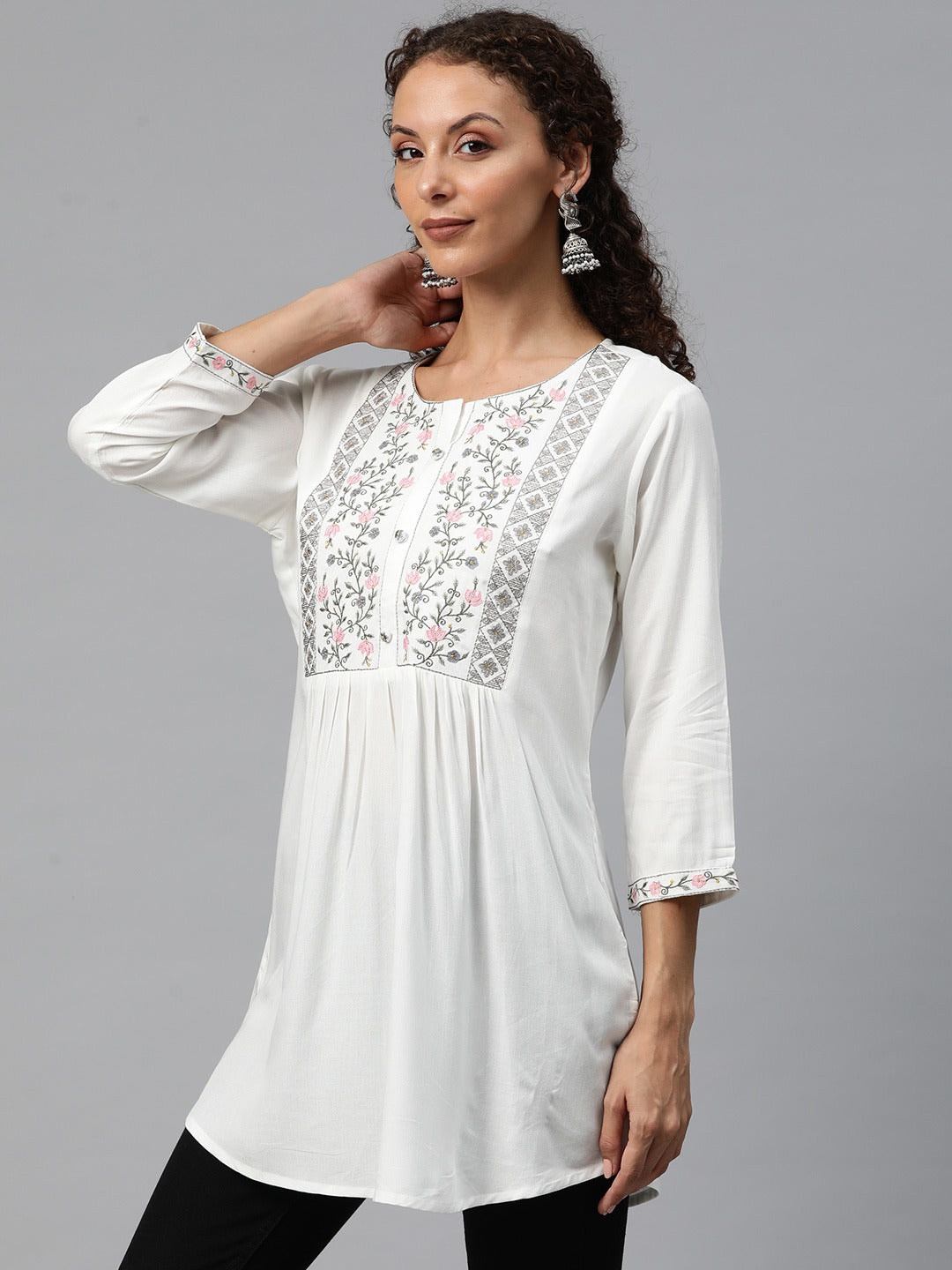 A-Line Style Rayon Fabric White Color Short Kurti With Thread & Zari Work