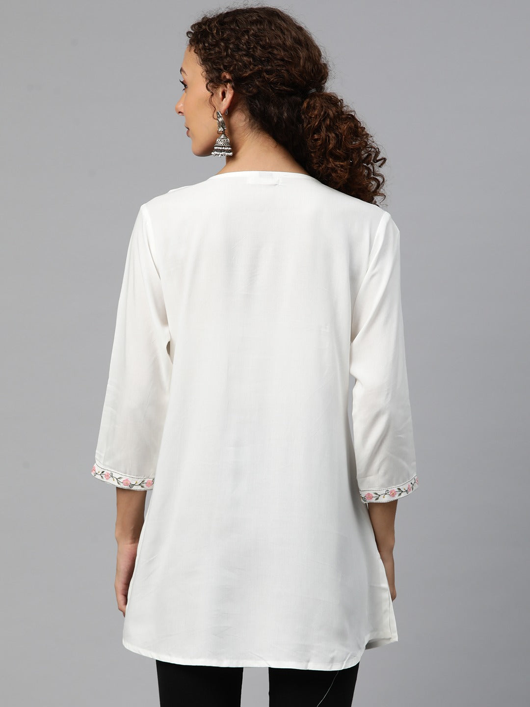 A-Line Style Rayon Fabric White Color Short Kurti With Thread & Zari Work