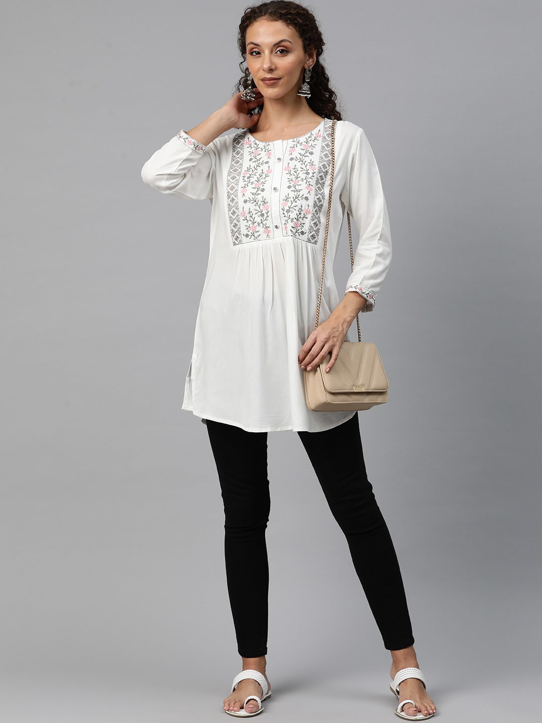 A-Line Style Rayon Fabric White Color Short Kurti With Thread & Zari Work