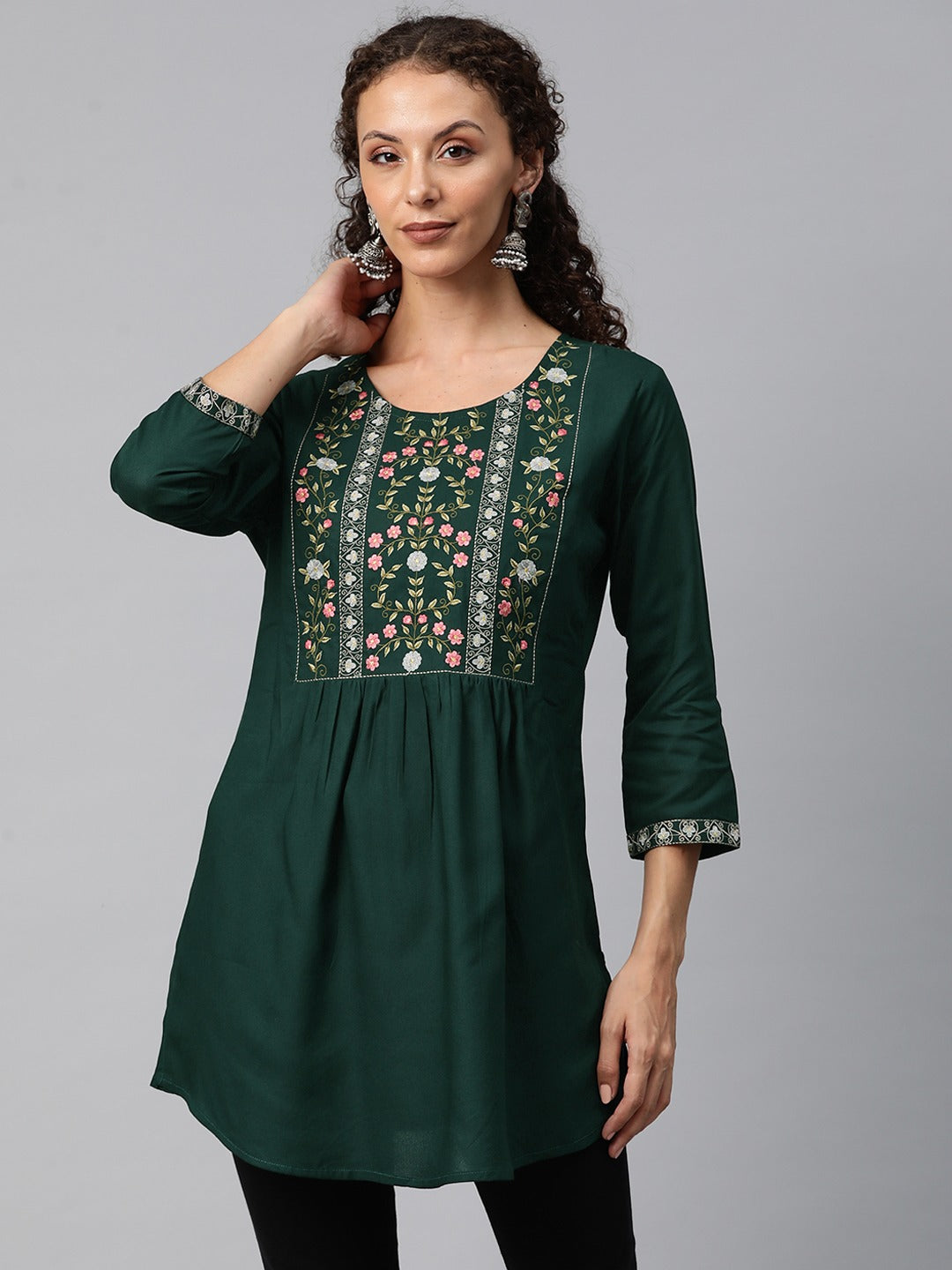 A-Line Style Rayon Fabric Green Color Short Kurti With Thread & Zari Work