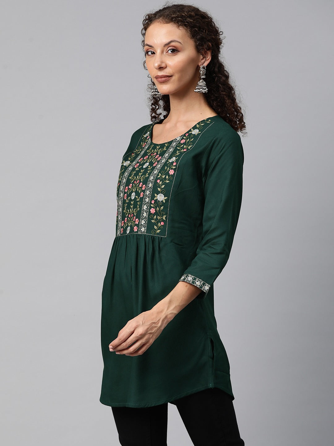 A-Line Style Rayon Fabric Green Color Short Kurti With Thread & Zari Work