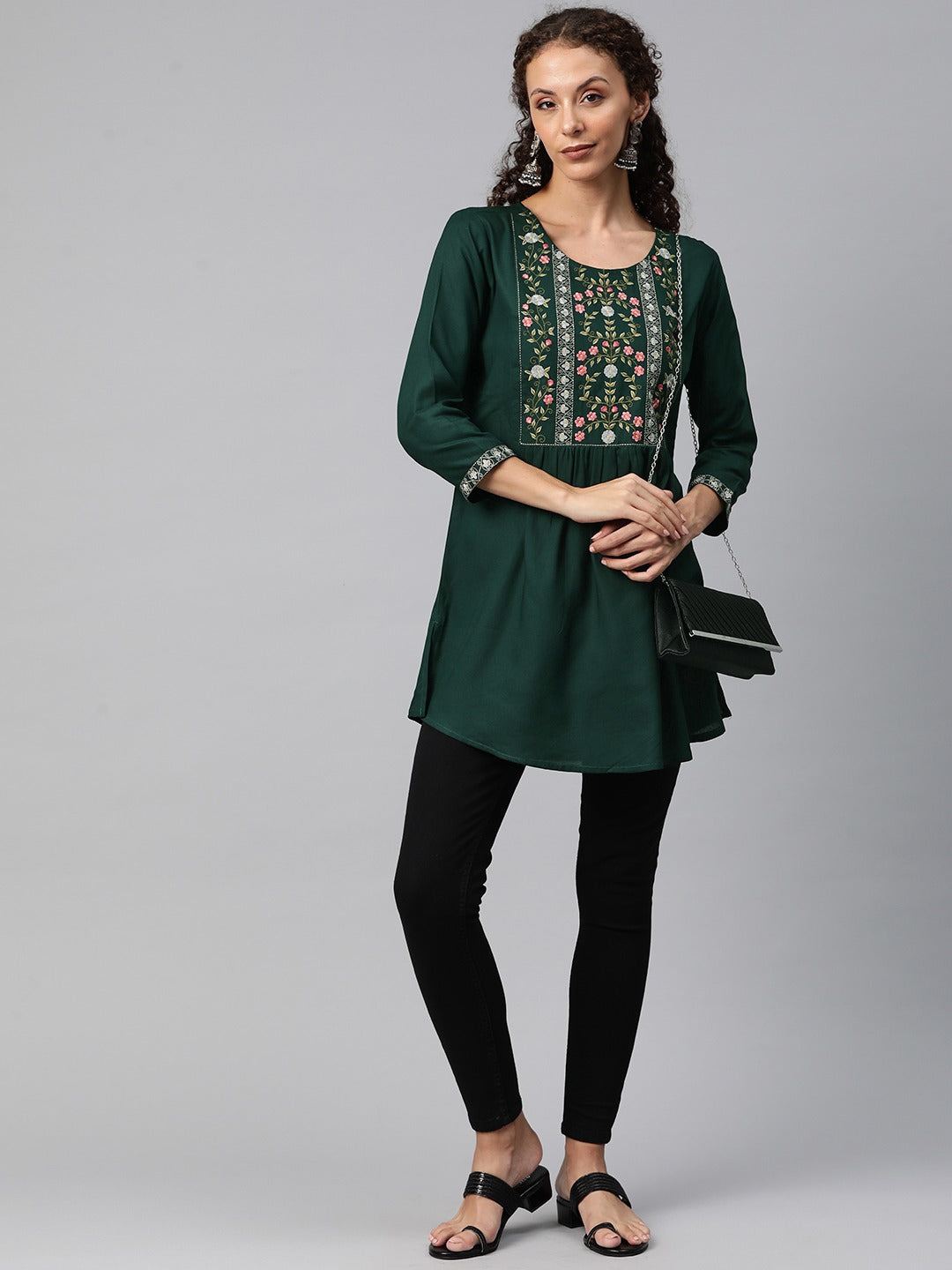 A-Line Style Rayon Fabric Green Color Short Kurti With Thread & Zari Work
