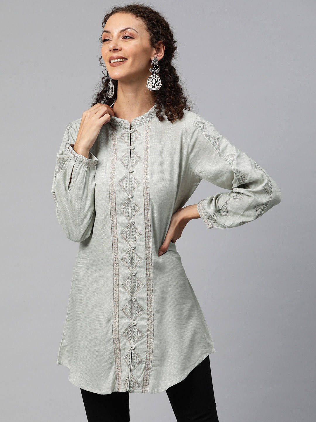 A-Line Style Cotton Fabric Grey Color Short Kurti With Thread Work