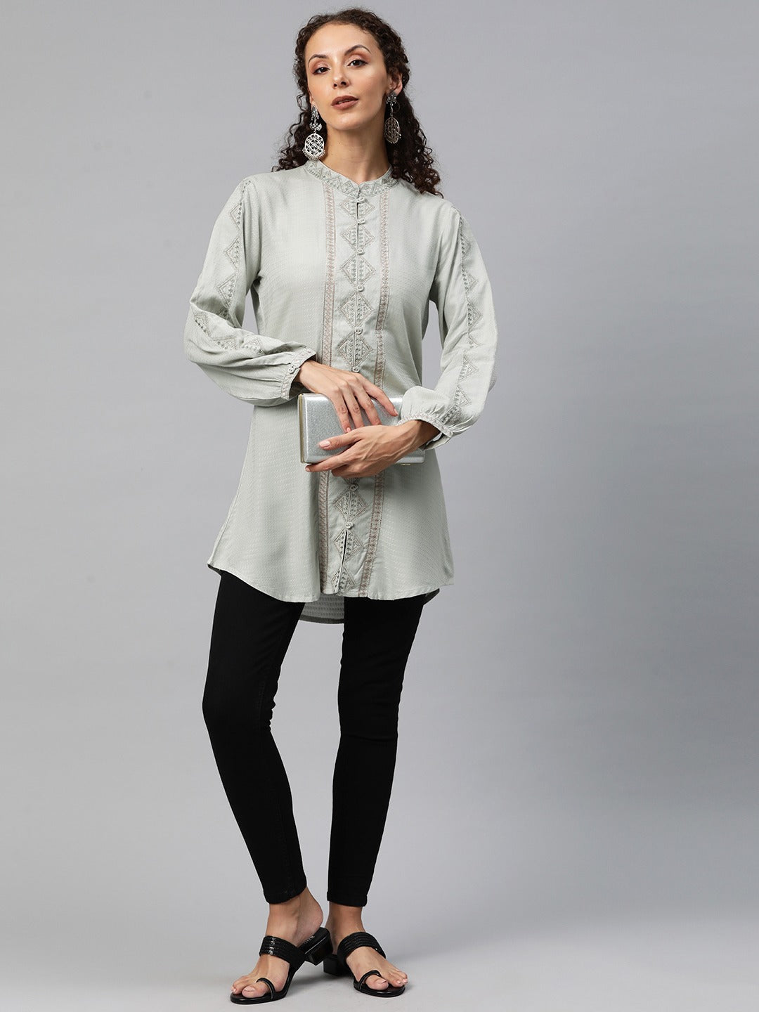 A-Line Style Cotton Fabric Grey Color Short Kurti With Thread Work