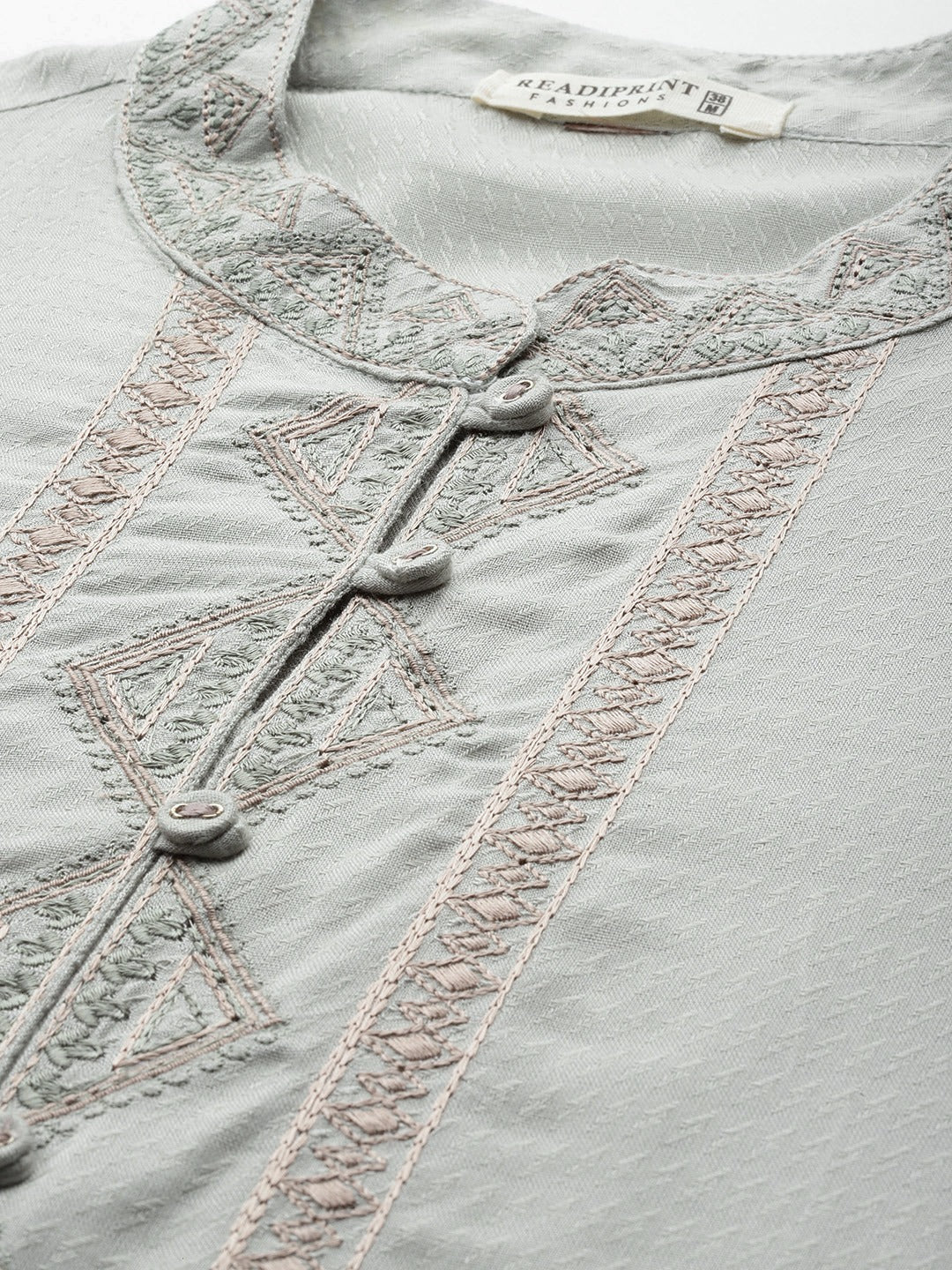 A-Line Style Cotton Fabric Grey Color Short Kurti With Thread Work