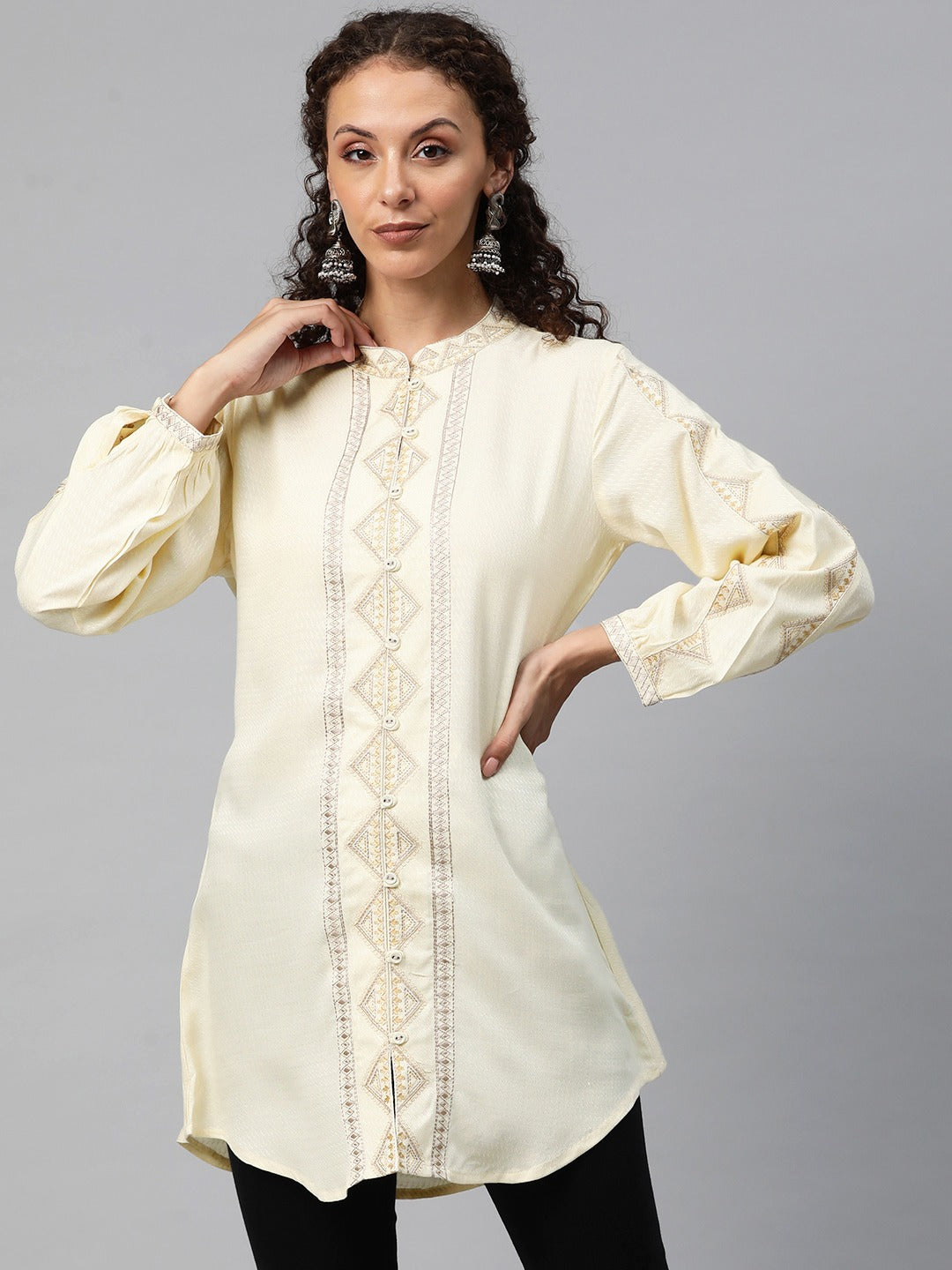 A-Line Style Cotton Fabric Cream Color Short Kurti With Thread Work