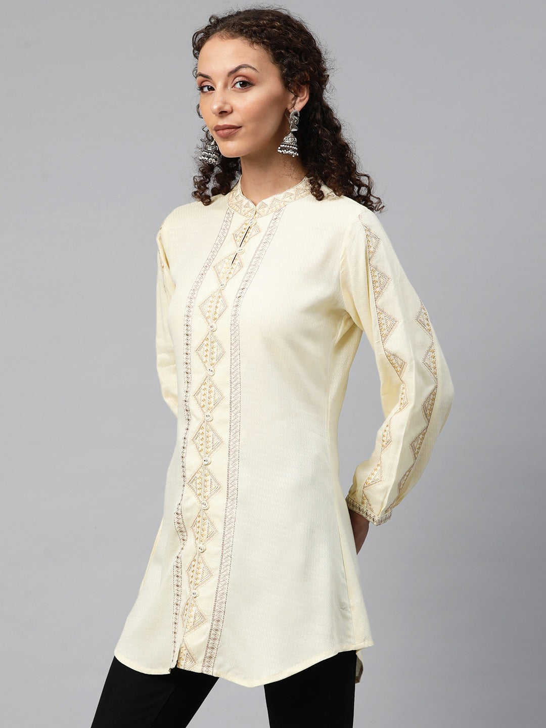 A-Line Style Cotton Fabric Cream Color Short Kurti With Thread Work