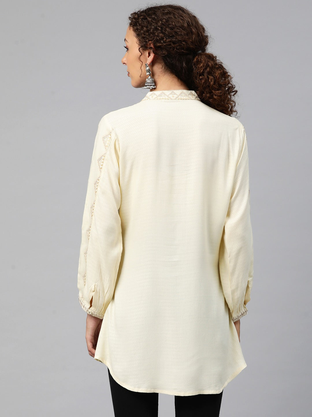 A-Line Style Cotton Fabric Cream Color Short Kurti With Thread Work