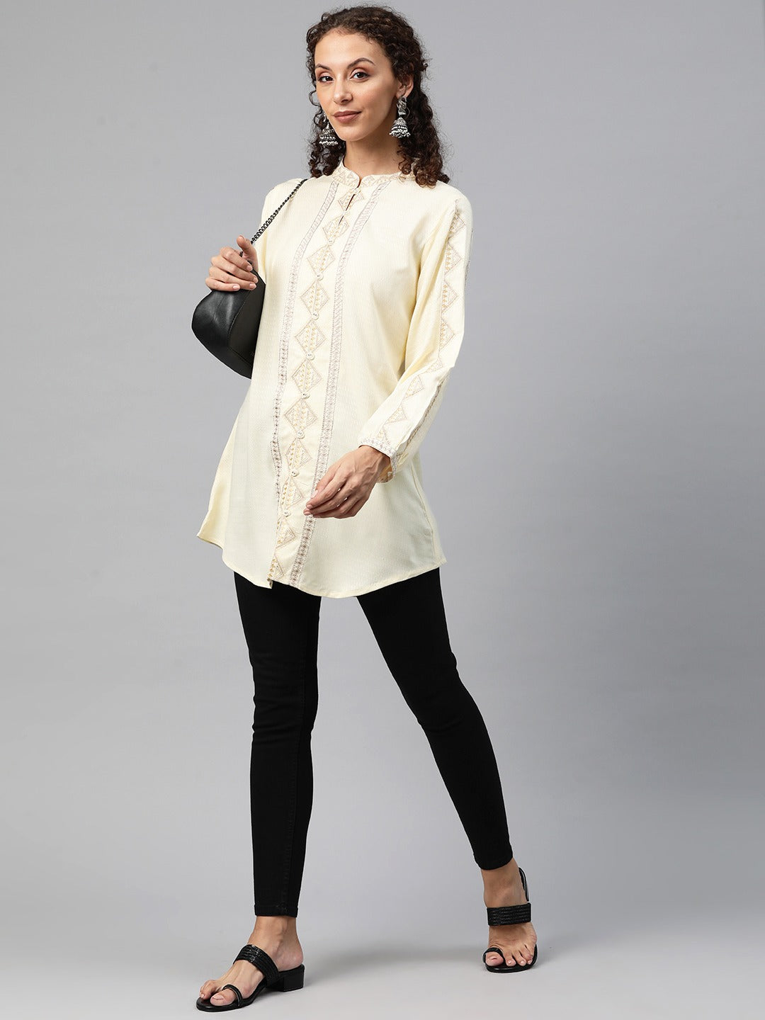 A-Line Style Cotton Fabric Cream Color Short Kurti With Thread Work