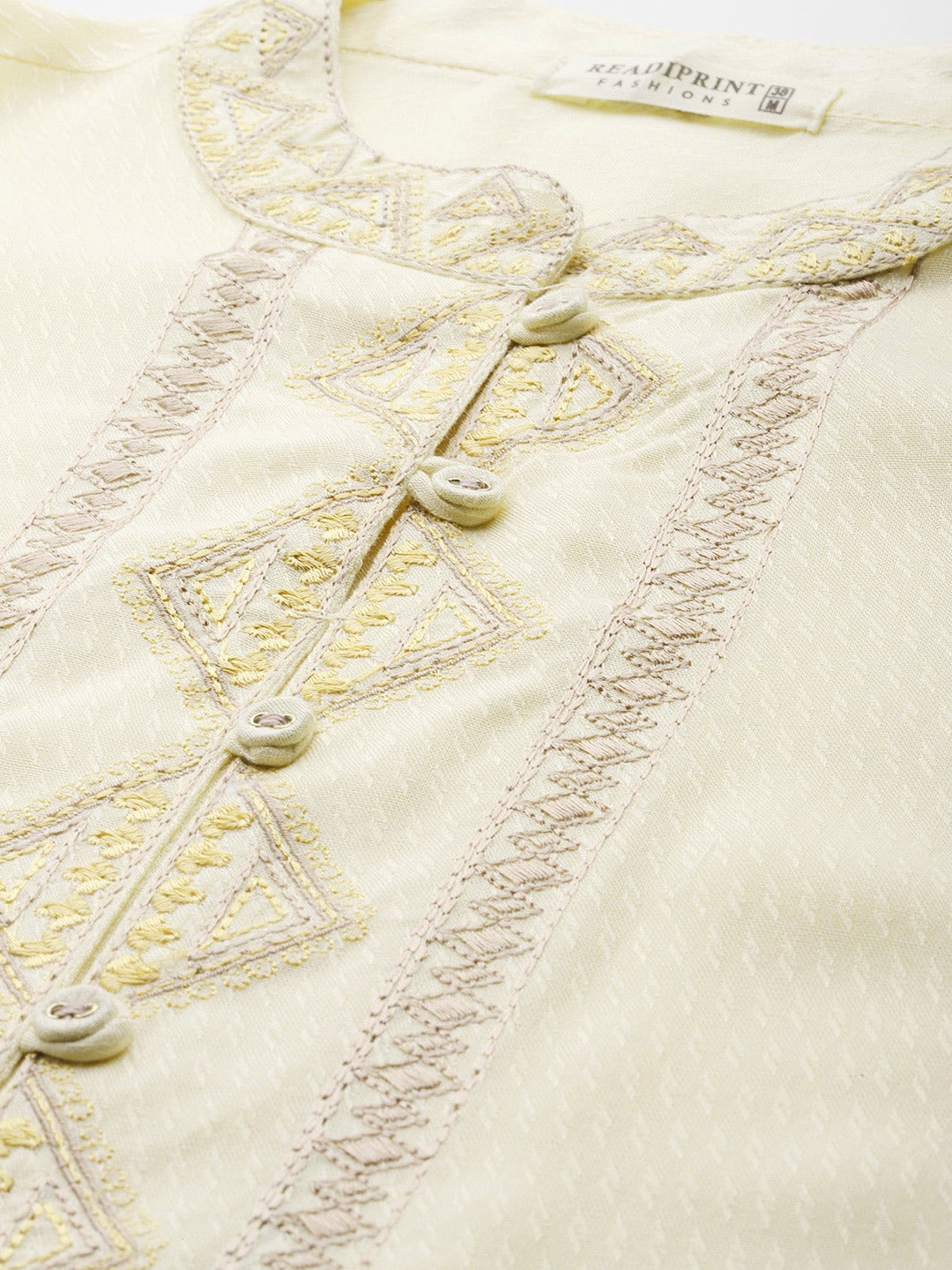 A-Line Style Cotton Fabric Cream Color Short Kurti With Thread Work