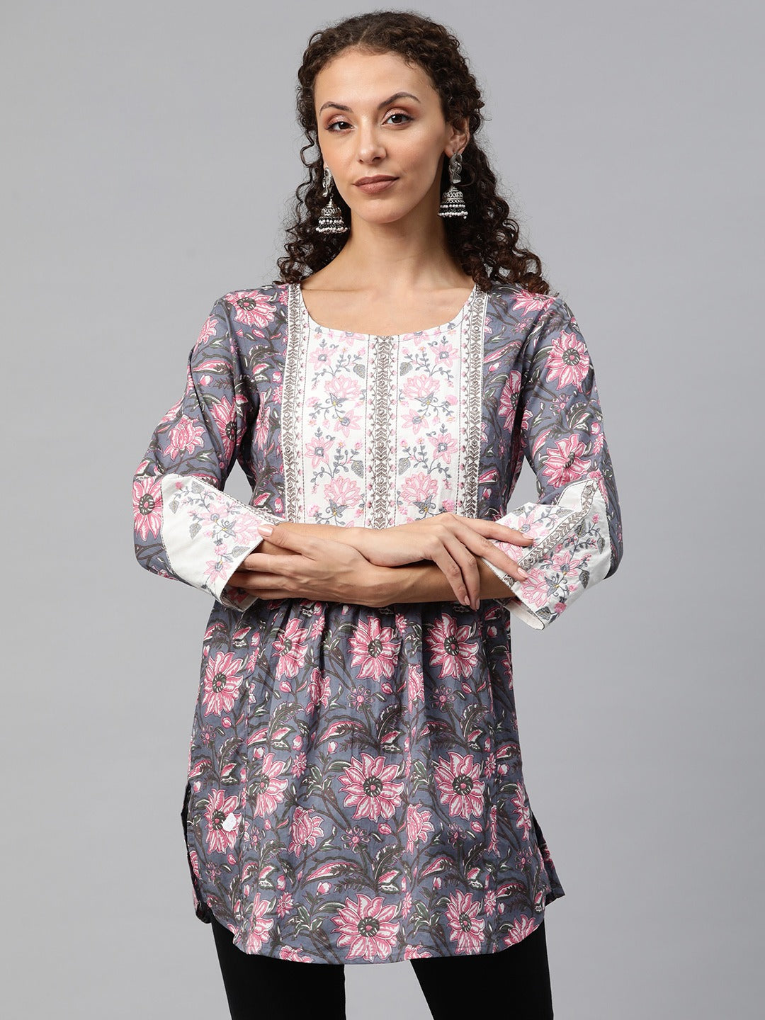 Frock Style Cotton Fabric Blue Color Printed Short Kurti With Thread & Zari Work